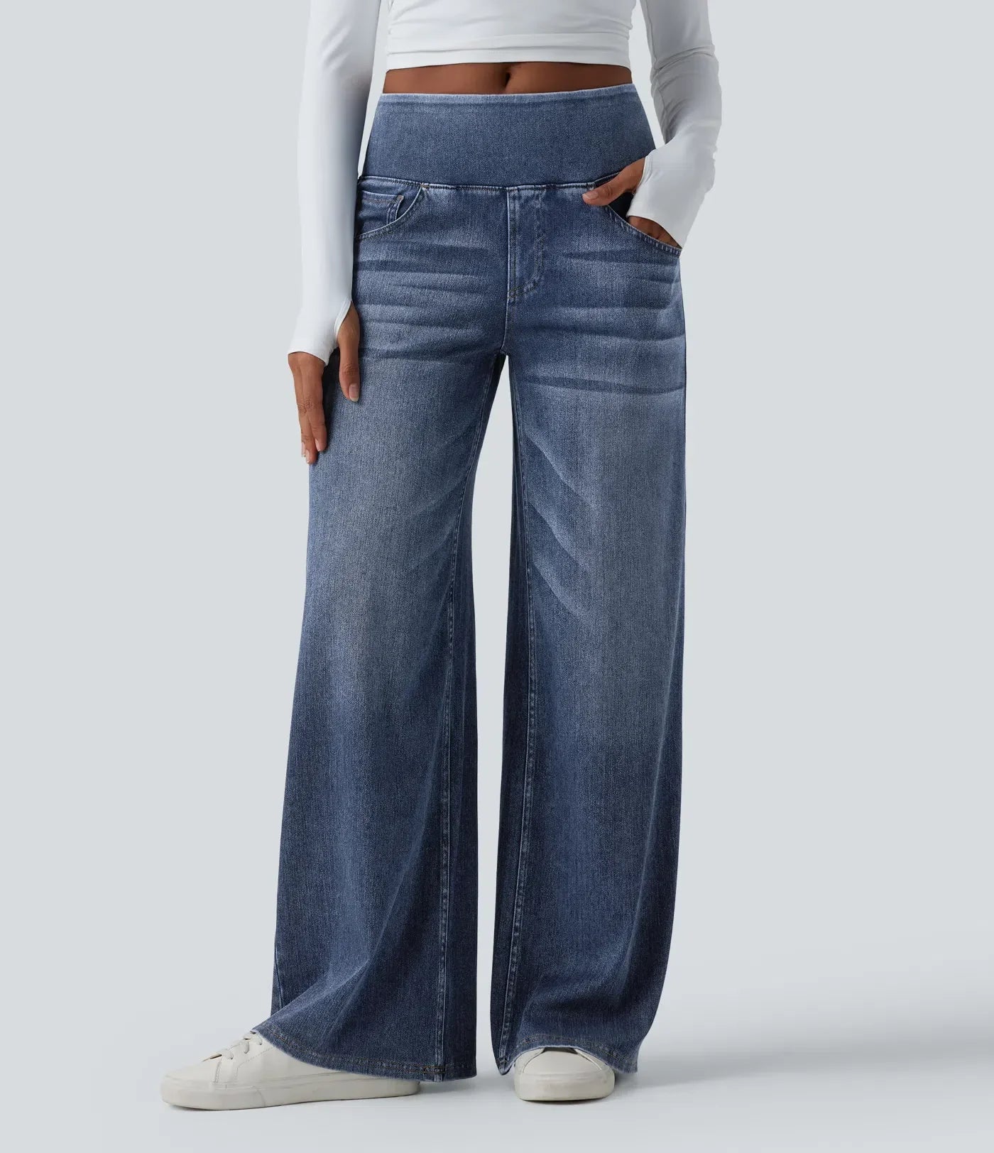 Velouré Flex™ Mid Rise Draped Washed Casual Baggy Wide Leg Jeans with Pockets
