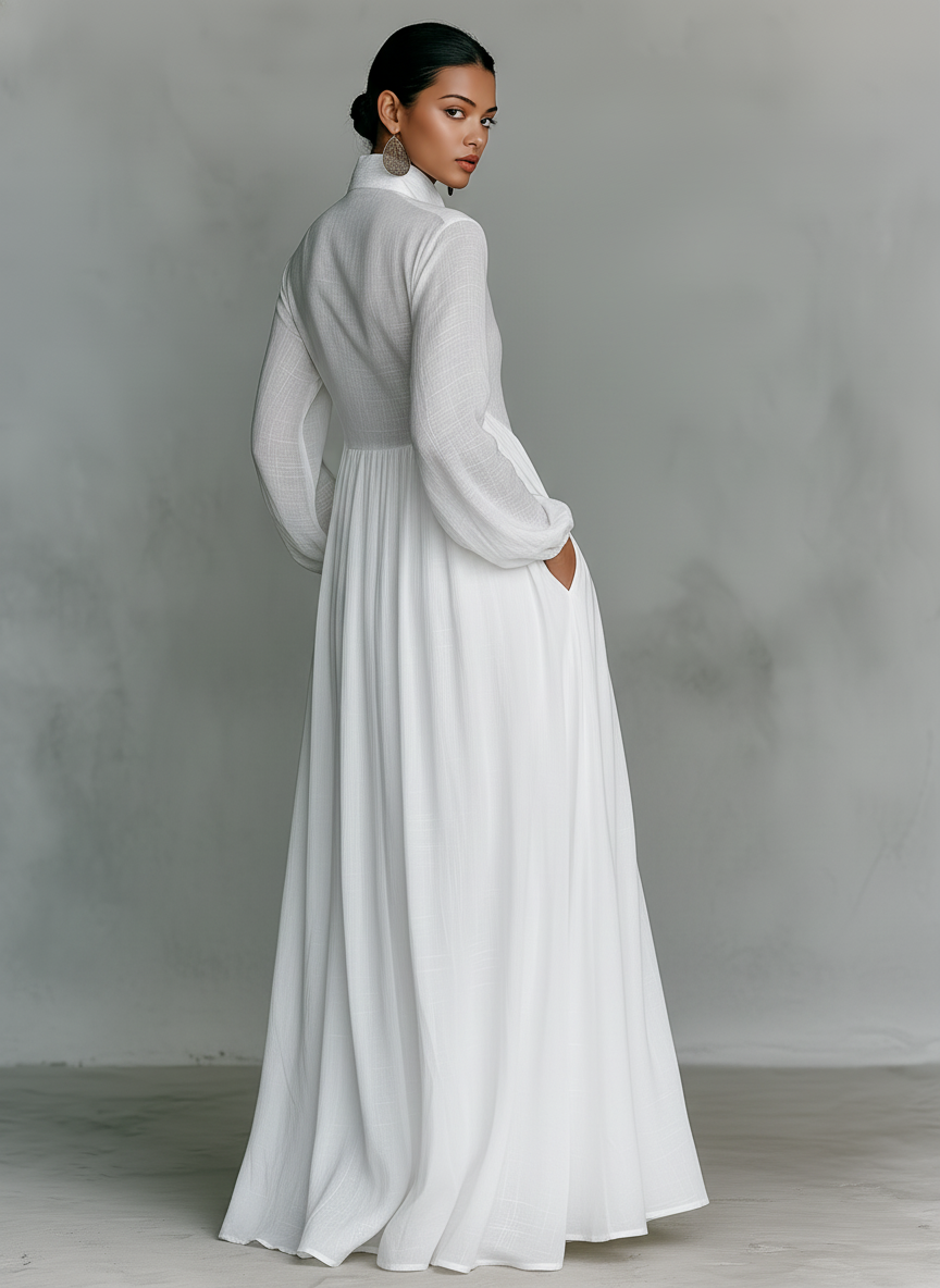 Women's Minimalist Cotton And Linen Patchwork Single-breasted Stand-up Collar Long-sleeved Maxi Dress