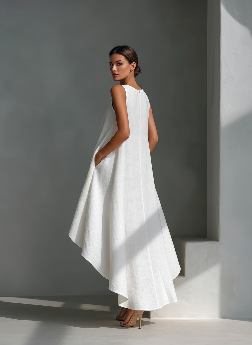 Women's White Linen Fabric Sleeveless Midi Dress With Round Neck & Asymmetric Hem