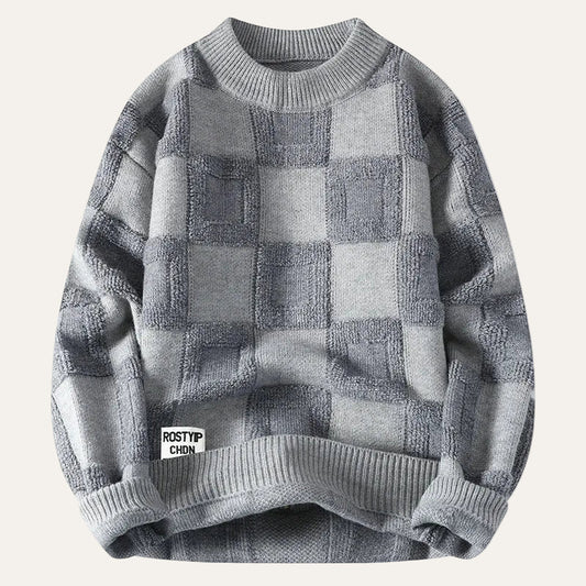 Men’s Long-Sleeve Sweater – Crew Neck, Check Pattern
