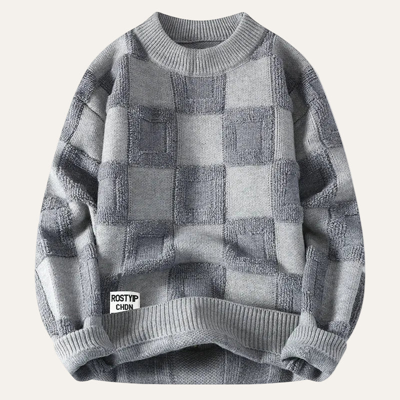 Men’s Long-Sleeve Sweater – Crew Neck, Check Pattern