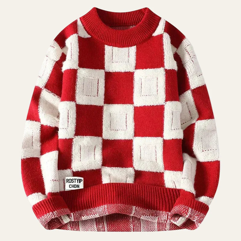Men’s Long-Sleeve Sweater – Crew Neck, Check Pattern