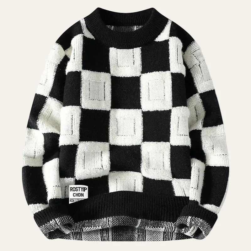Men’s Long-Sleeve Sweater – Crew Neck, Check Pattern
