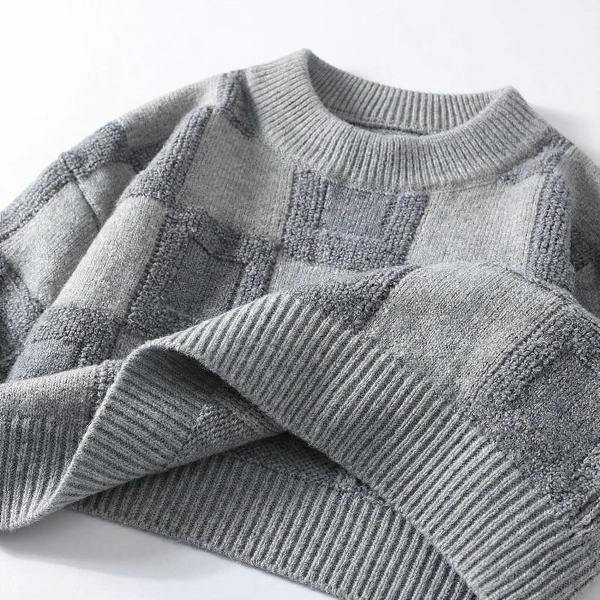 Men’s Long-Sleeve Sweater – Crew Neck, Check Pattern