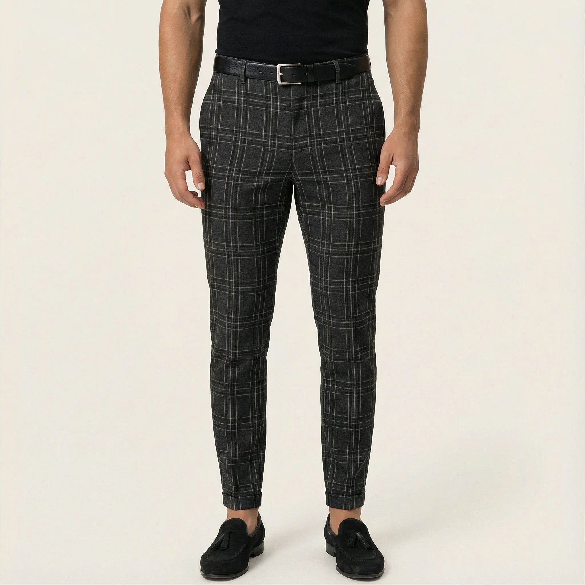 Men’s Slim-Fit Pants – Check Pattern, Ankle-Length Design