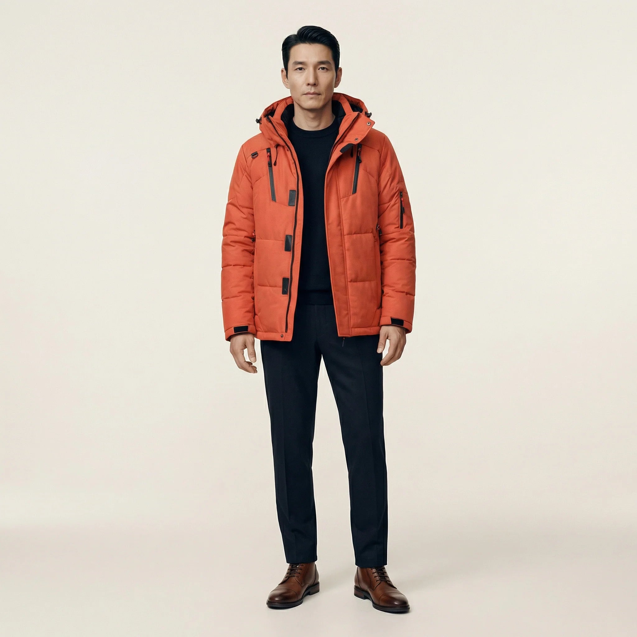 Men’s Hooded Puffer Jacket – Zipper Closure Design