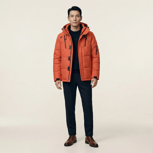 Men’s Hooded Puffer Jacket – Zipper Closure Design