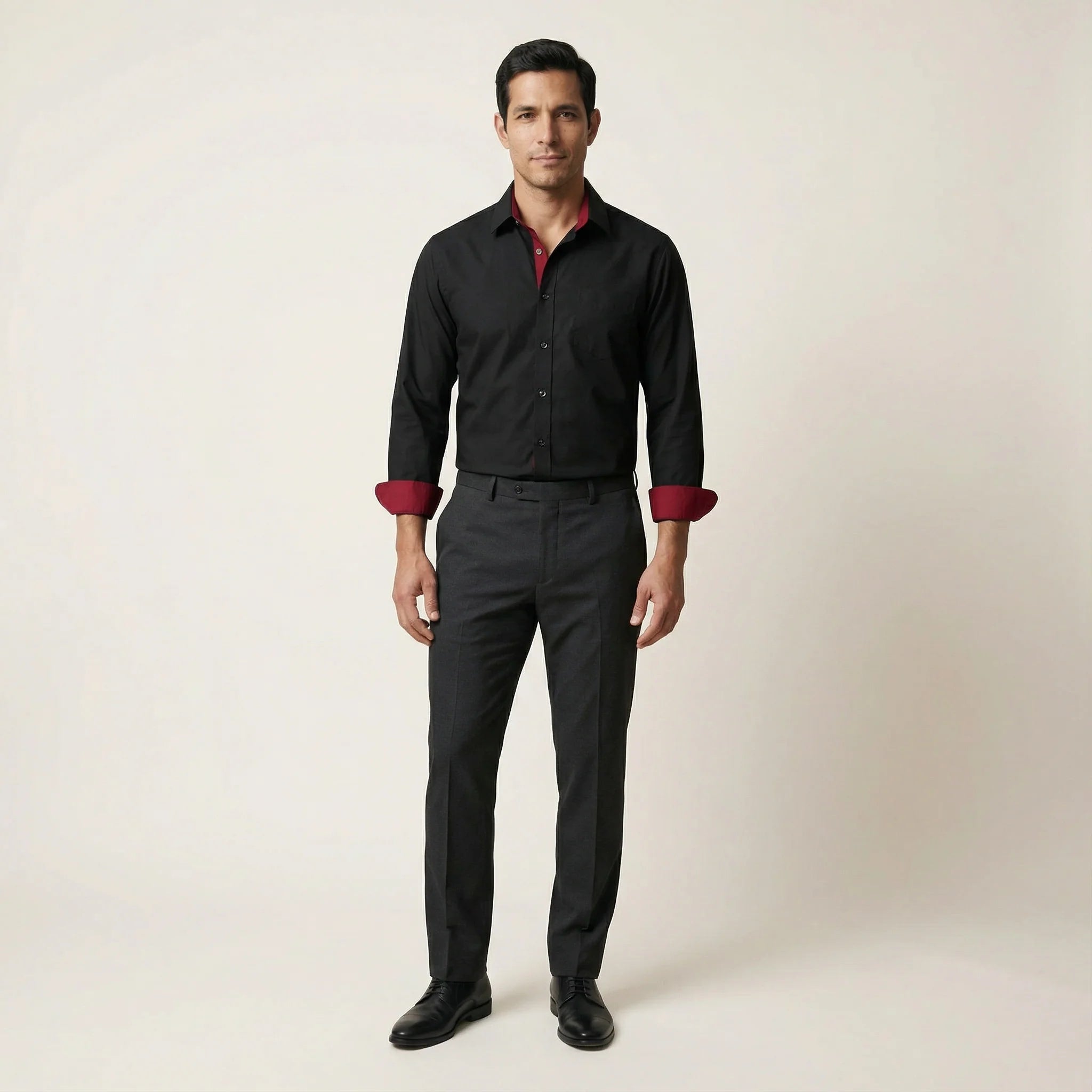 Men’s Long-Sleeve Button-Up Shirt – Stand Collar, Contrast Cuffs