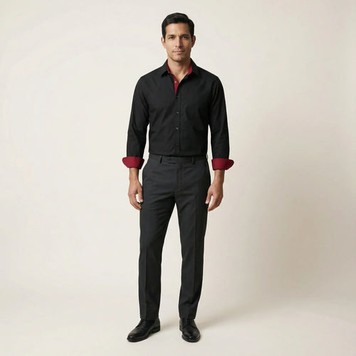 Men’s Long-Sleeve Button-Up Shirt – Stand Collar, Contrast Cuffs