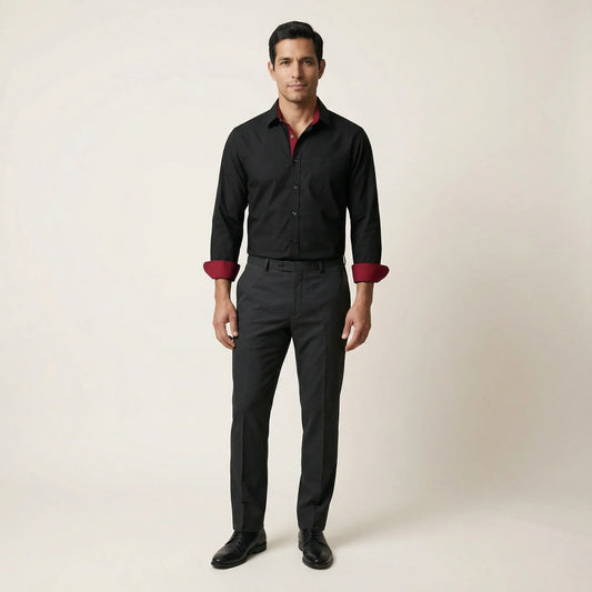 Men’s Long-Sleeve Button-Up Shirt – Stand Collar, Contrast Cuffs