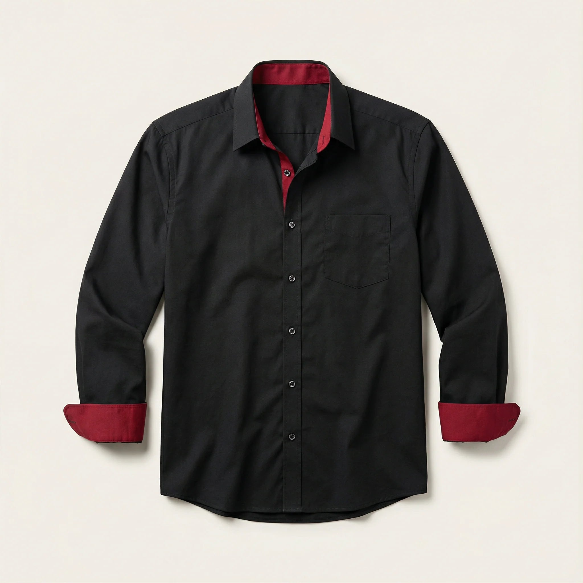 Men’s Long-Sleeve Button-Up Shirt – Stand Collar, Contrast Cuffs