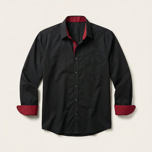 Men’s Long-Sleeve Button-Up Shirt – Stand Collar, Contrast Cuffs