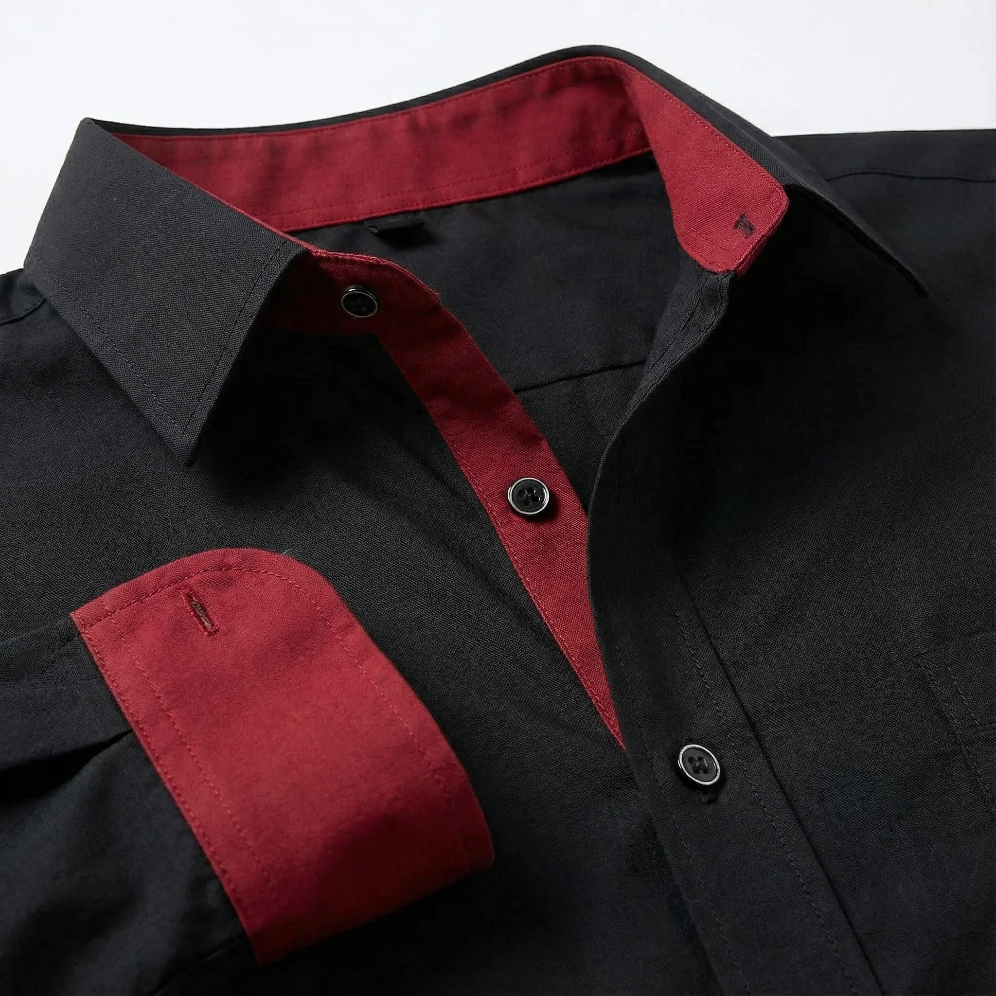 Men’s Long-Sleeve Button-Up Shirt – Stand Collar, Contrast Cuffs