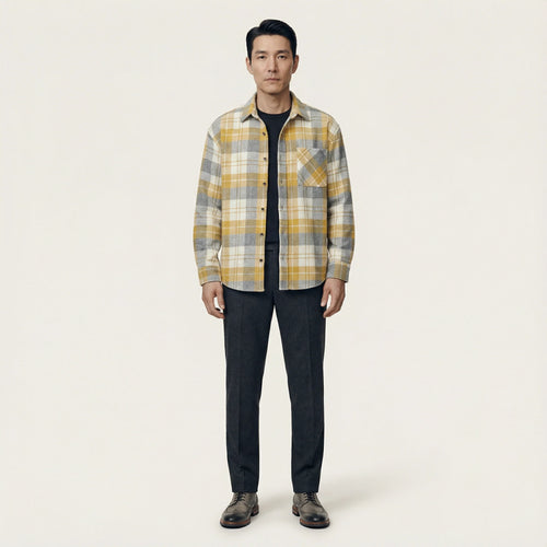 Men’s Long-Sleeve Button-Up Shirt – Check Pattern, Chest Pockets