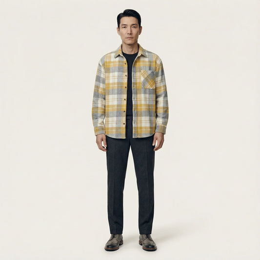 Men’s Long-Sleeve Button-Up Shirt – Check Pattern, Chest Pockets