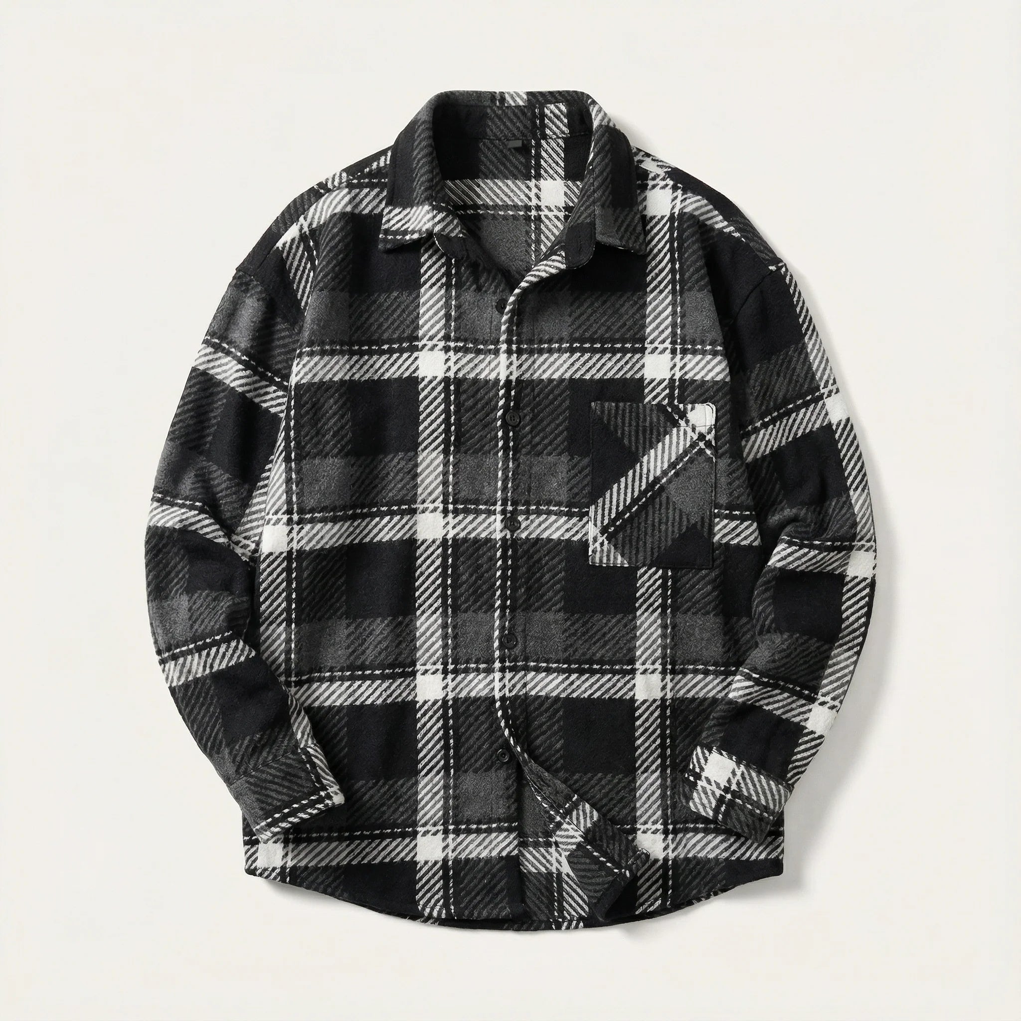 Men’s Long-Sleeve Button-Up Shirt – Check Pattern, Chest Pockets
