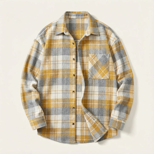Men’s Long-Sleeve Button-Up Shirt – Check Pattern, Chest Pockets