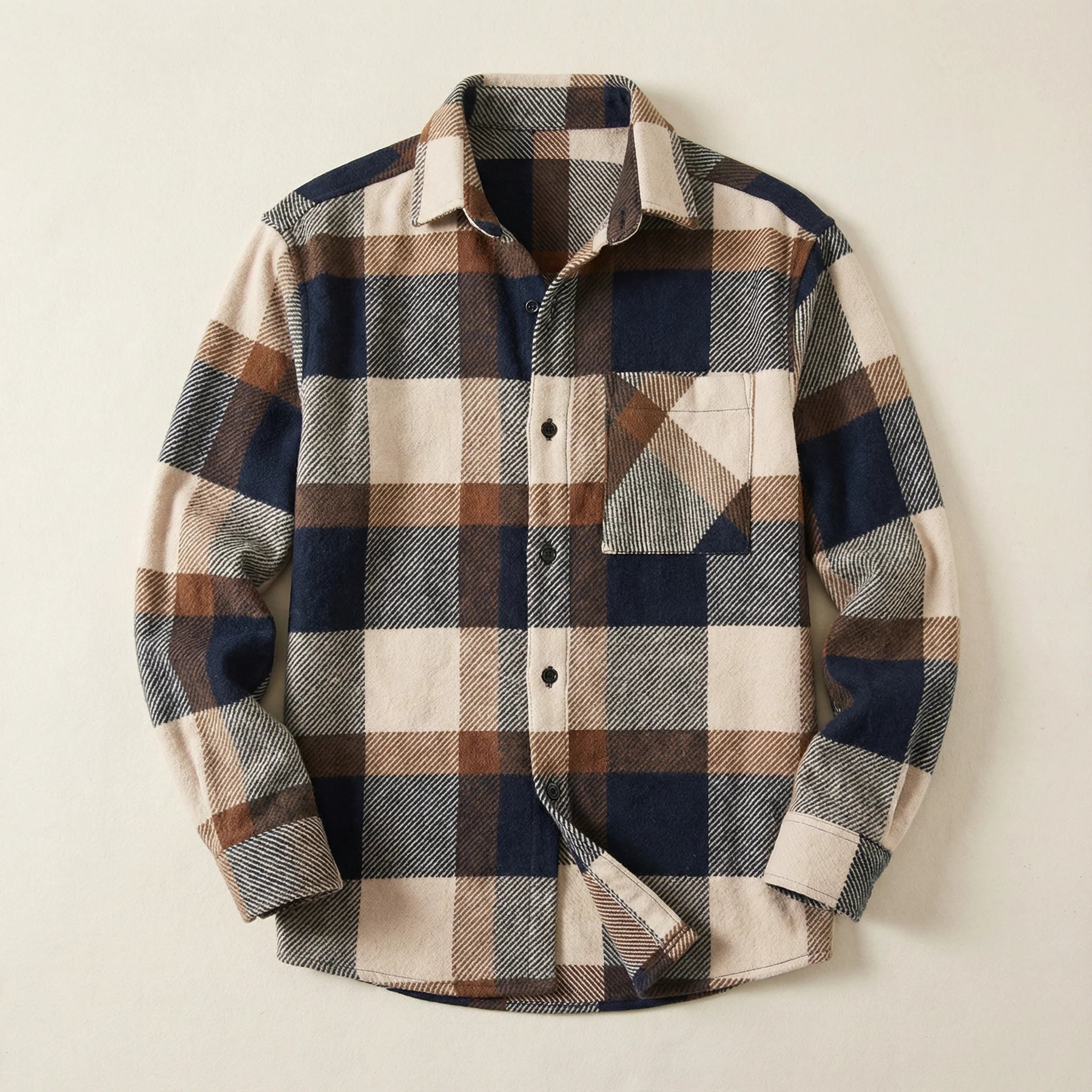 Men’s Long-Sleeve Button-Up Shirt – Check Pattern, Chest Pockets