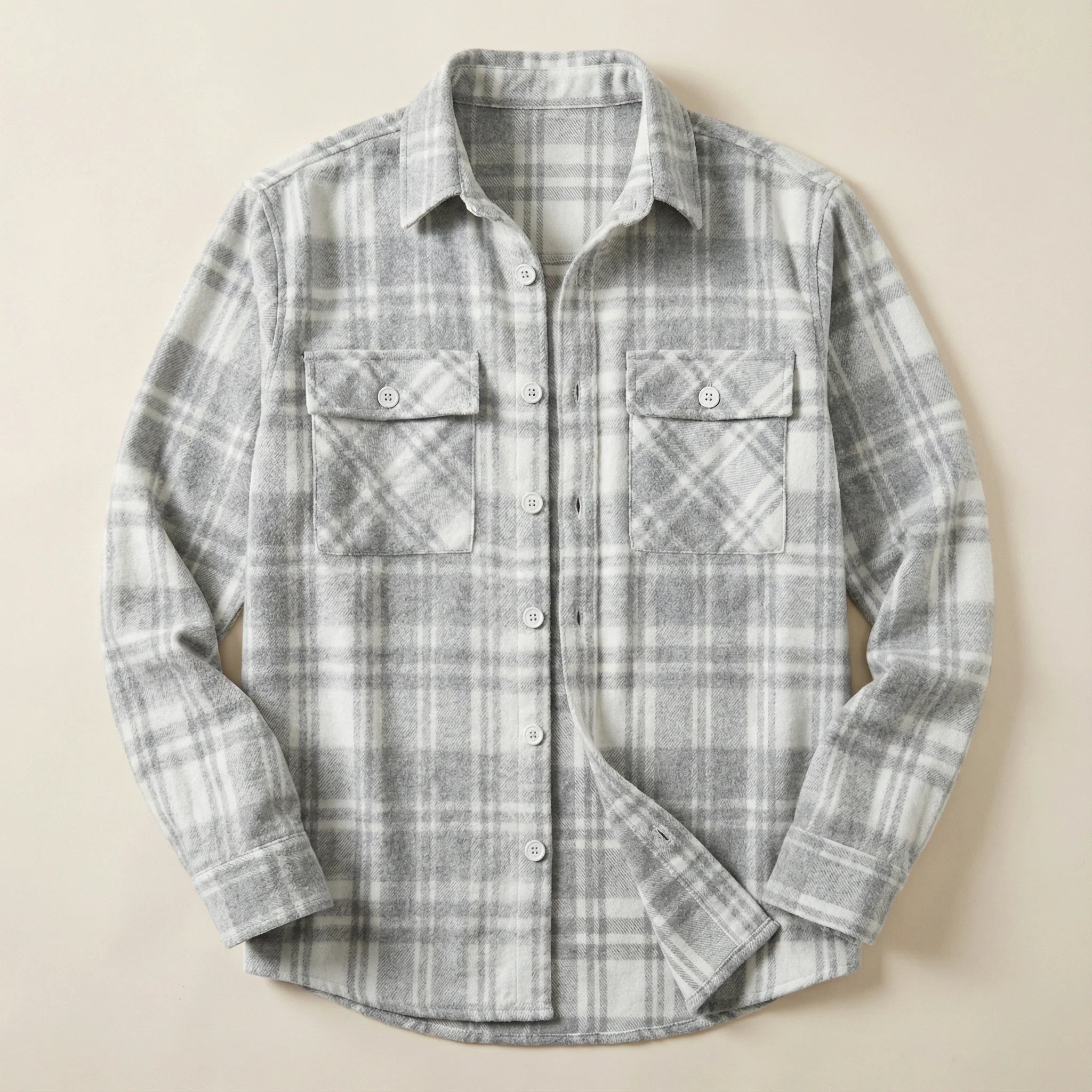 Men’s Long-Sleeve Button-Up Shirt – Check Pattern, Chest Pockets