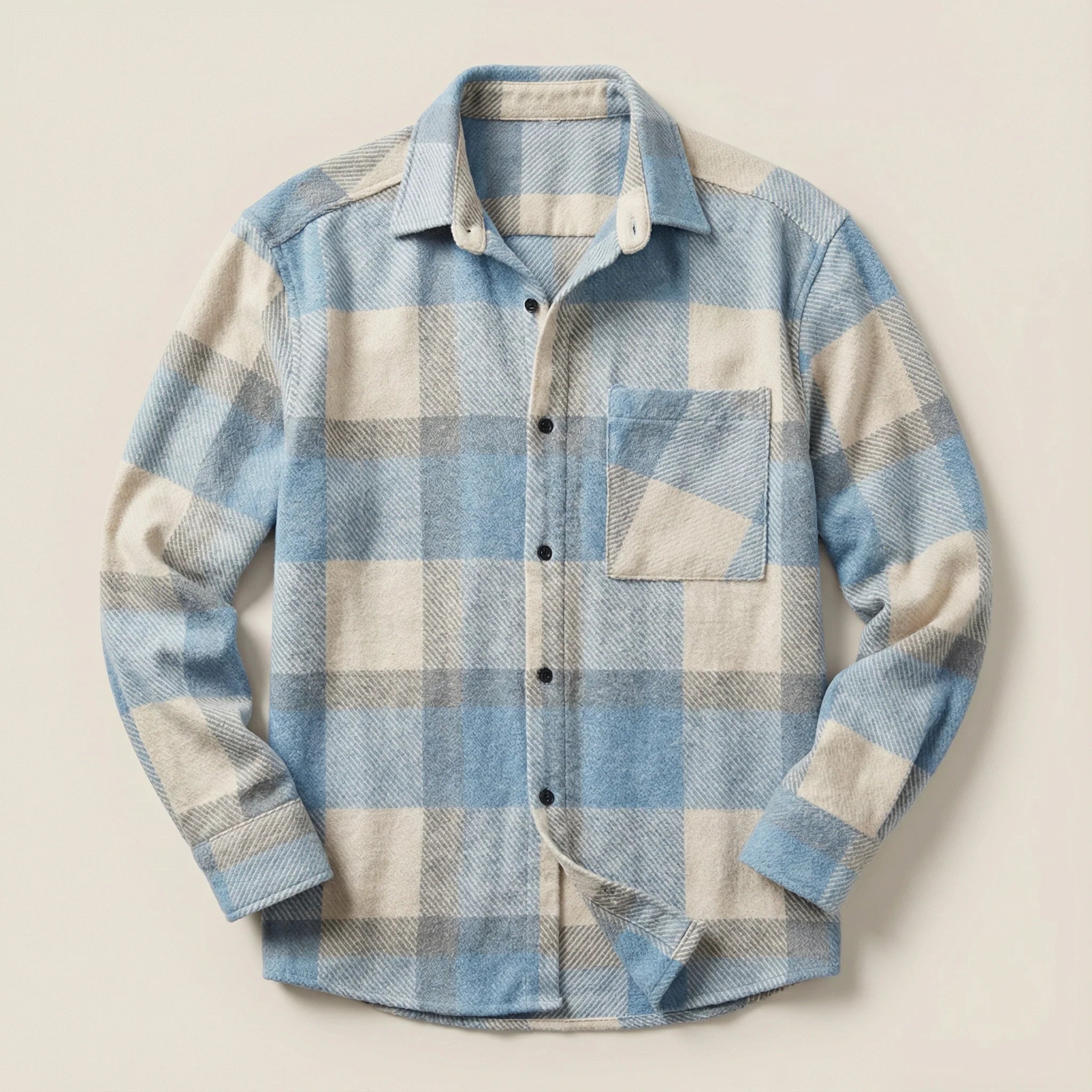 Men’s Long-Sleeve Button-Up Shirt – Check Pattern, Chest Pockets