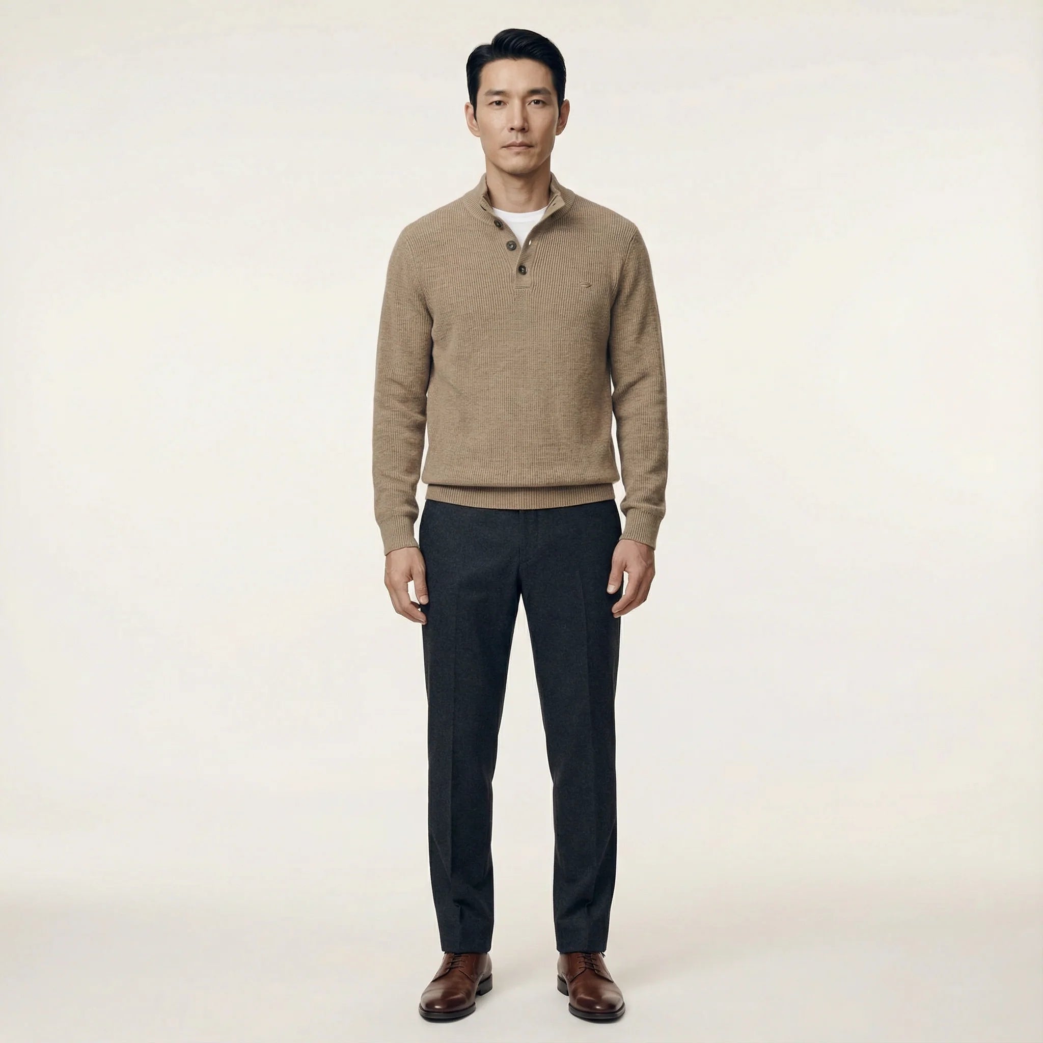 Men’s Long-Sleeve Sweater – Button Placket, Stand Collar