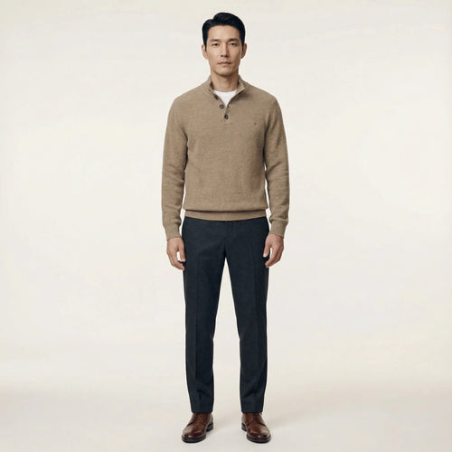 Men’s Long-Sleeve Sweater – Button Placket, Stand Collar