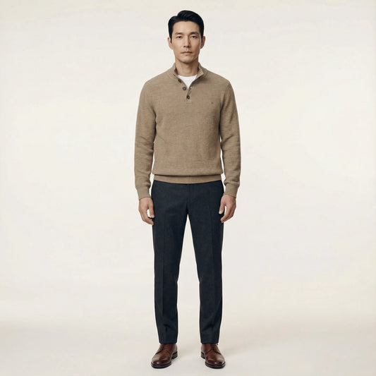 Men’s Long-Sleeve Sweater – Button Placket, Stand Collar
