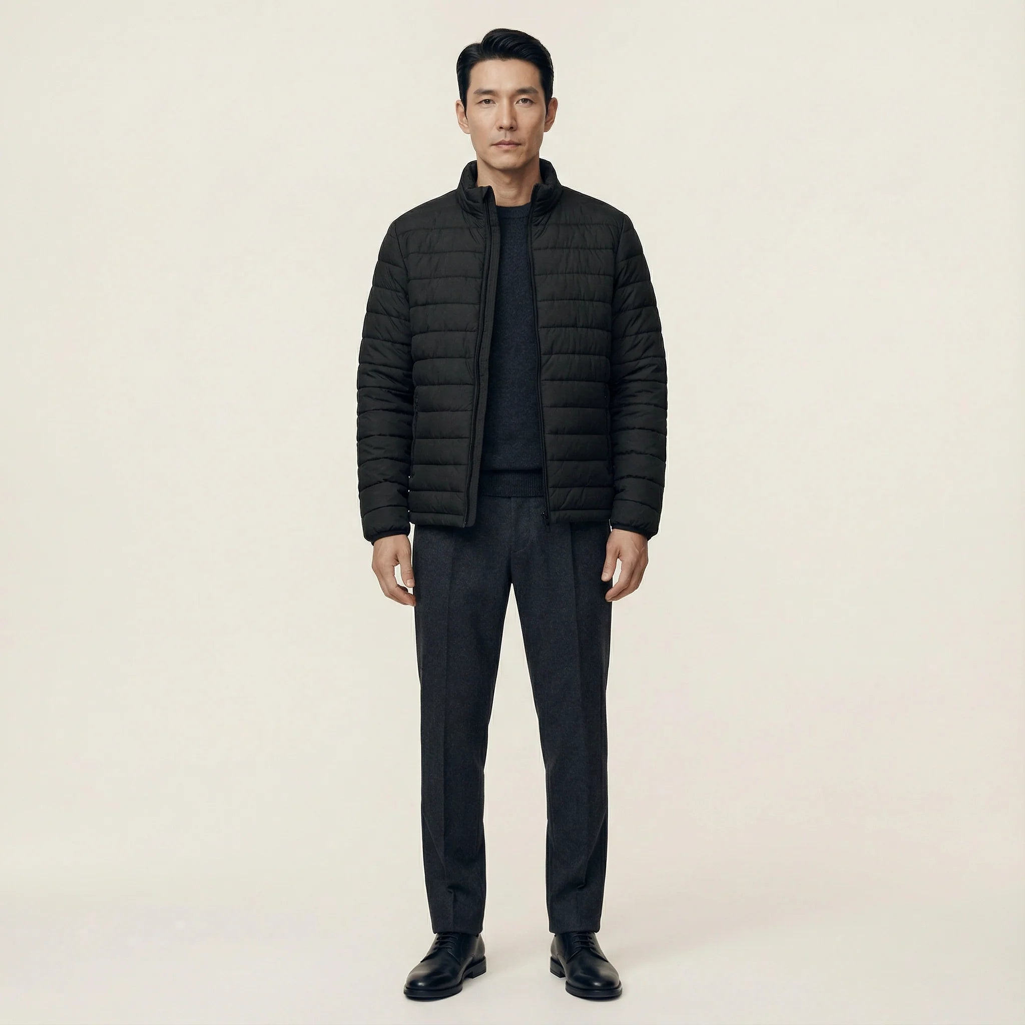 Men’s Puffer Jacket – Zip Front, Stand Collar, Long Sleeves