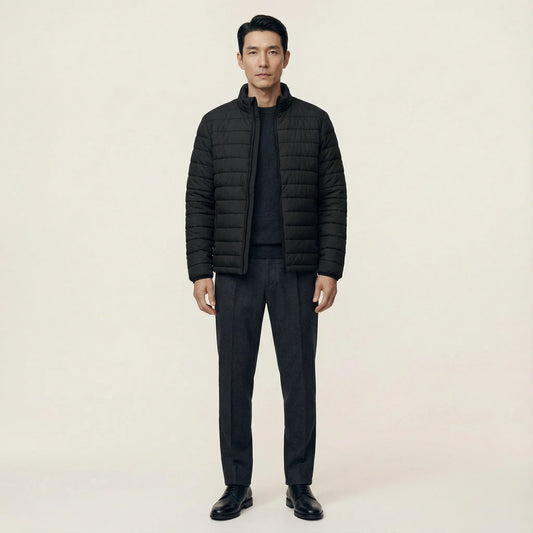 Men’s Puffer Jacket – Zip Front, Stand Collar, Long Sleeves