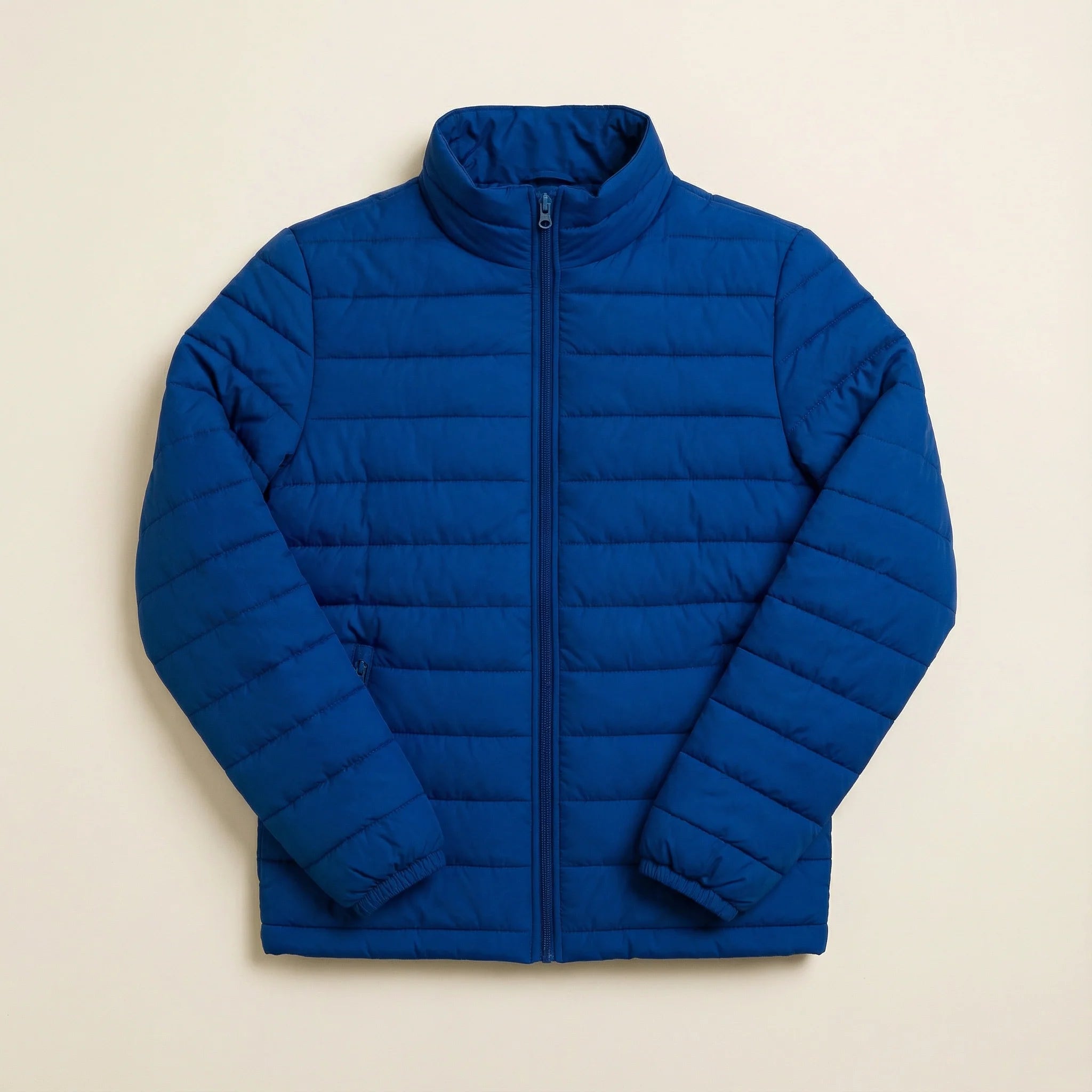 Men’s Puffer Jacket – Zip Front, Stand Collar, Long Sleeves