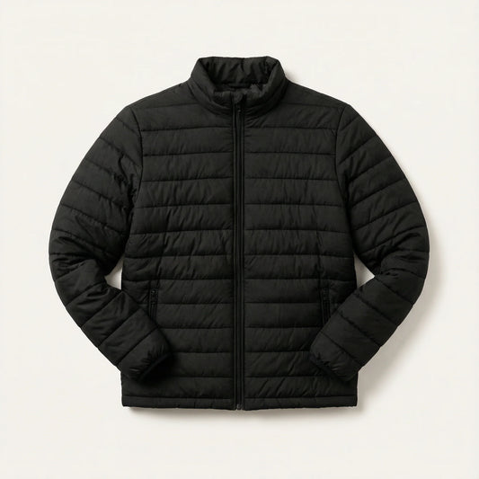 Men’s Puffer Jacket – Zip Front, Stand Collar, Long Sleeves