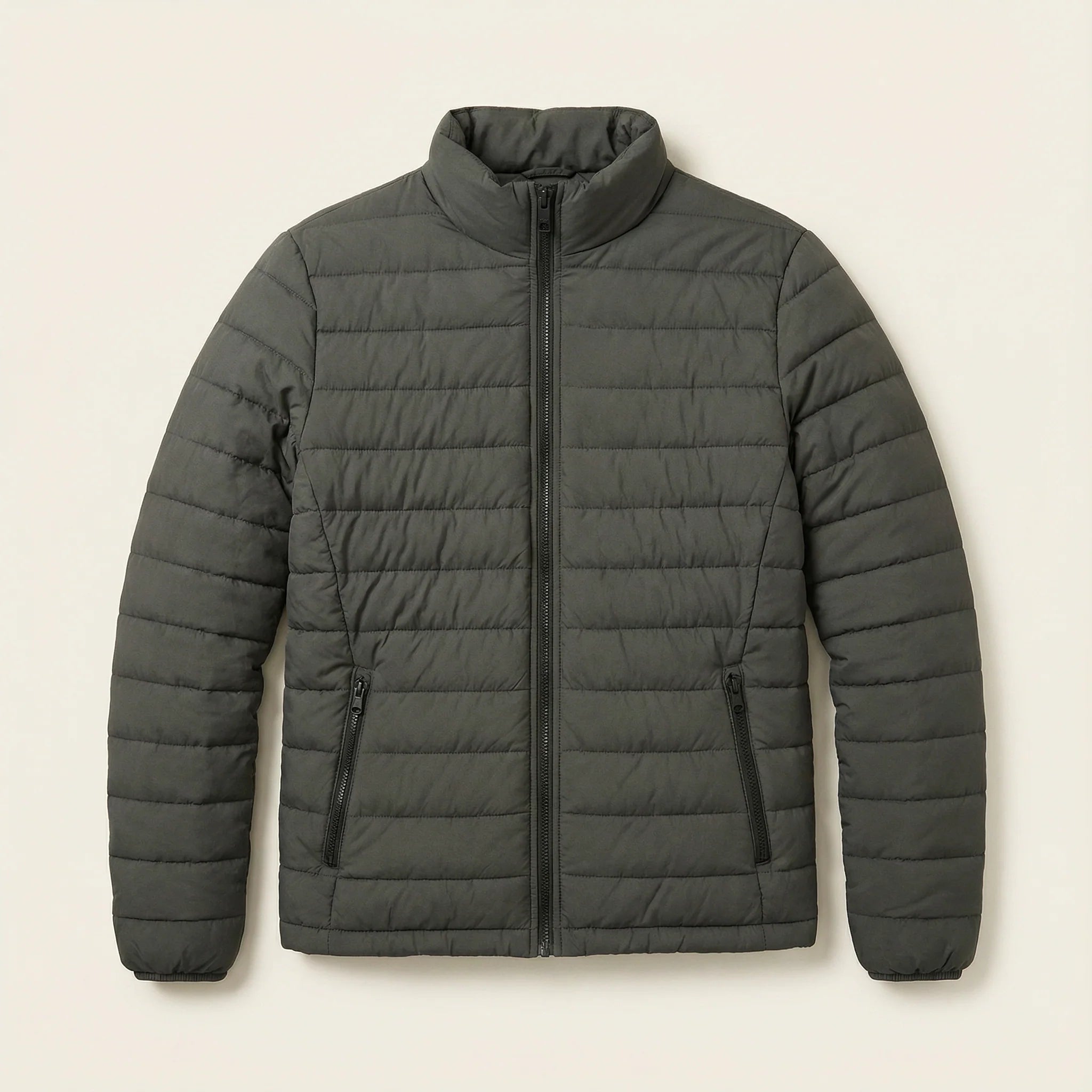 Men’s Puffer Jacket – Zip Front, Stand Collar, Long Sleeves
