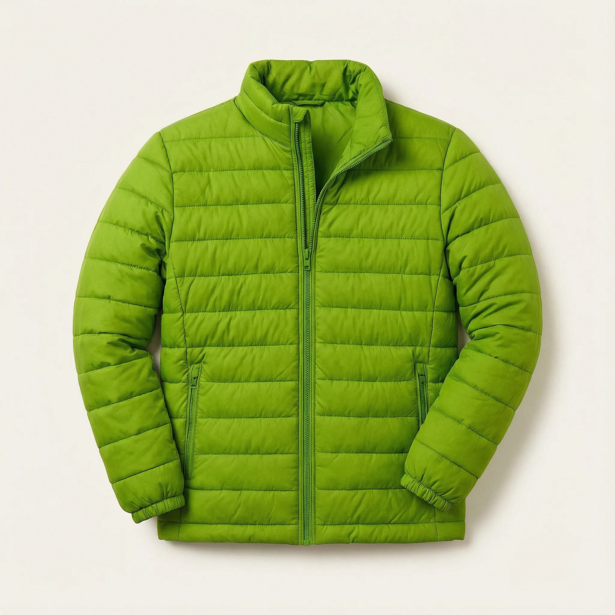 Men’s Puffer Jacket – Zip Front, Stand Collar, Long Sleeves