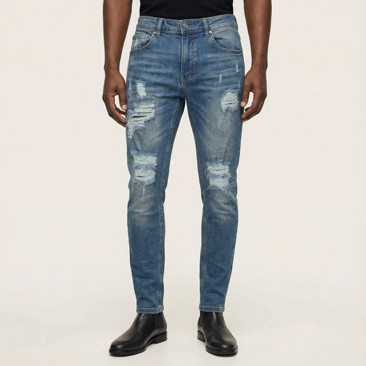 Men’s Slim-Fit Jeans – Distressed Design, Full-Length