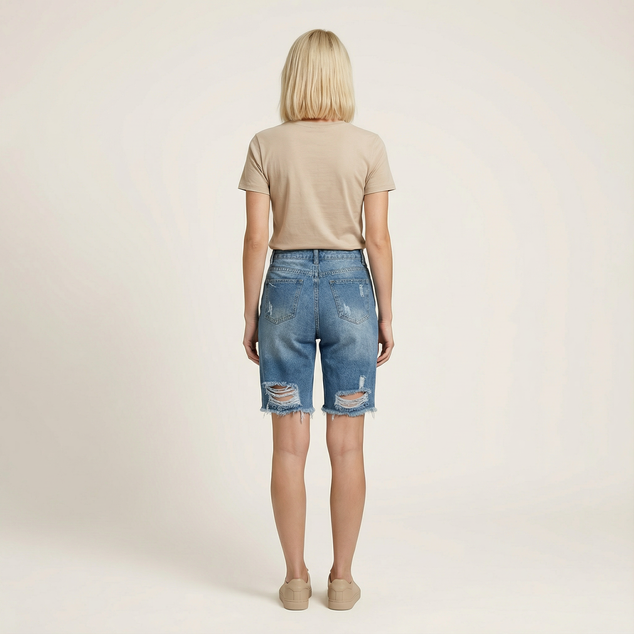 Women’s Denim Shorts – Knee-Length, Distressed Finish