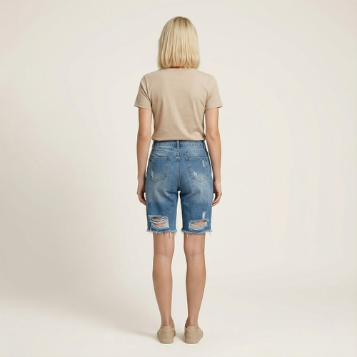 Women’s Denim Shorts – Knee-Length, Distressed Finish