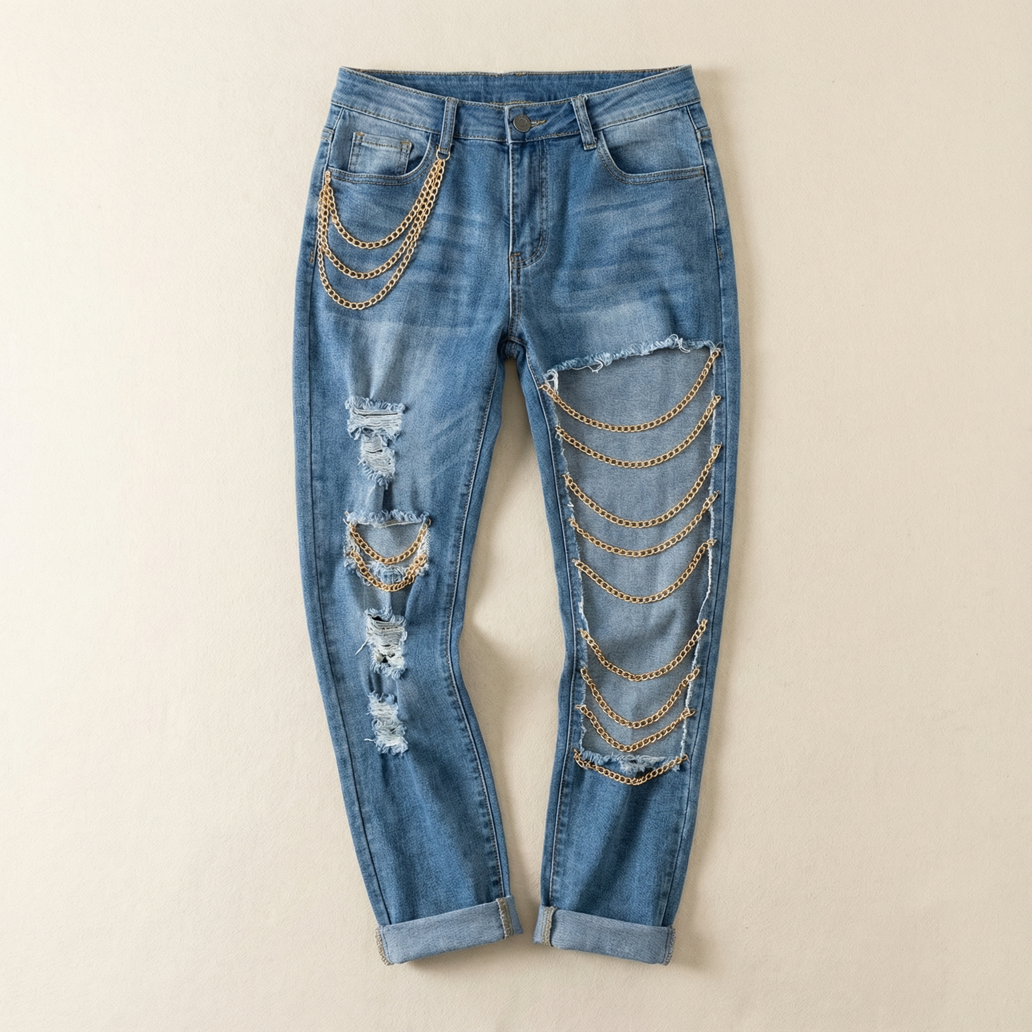 Women’s Distressed Jeans – Mid-Rise Waist, Chain Detail