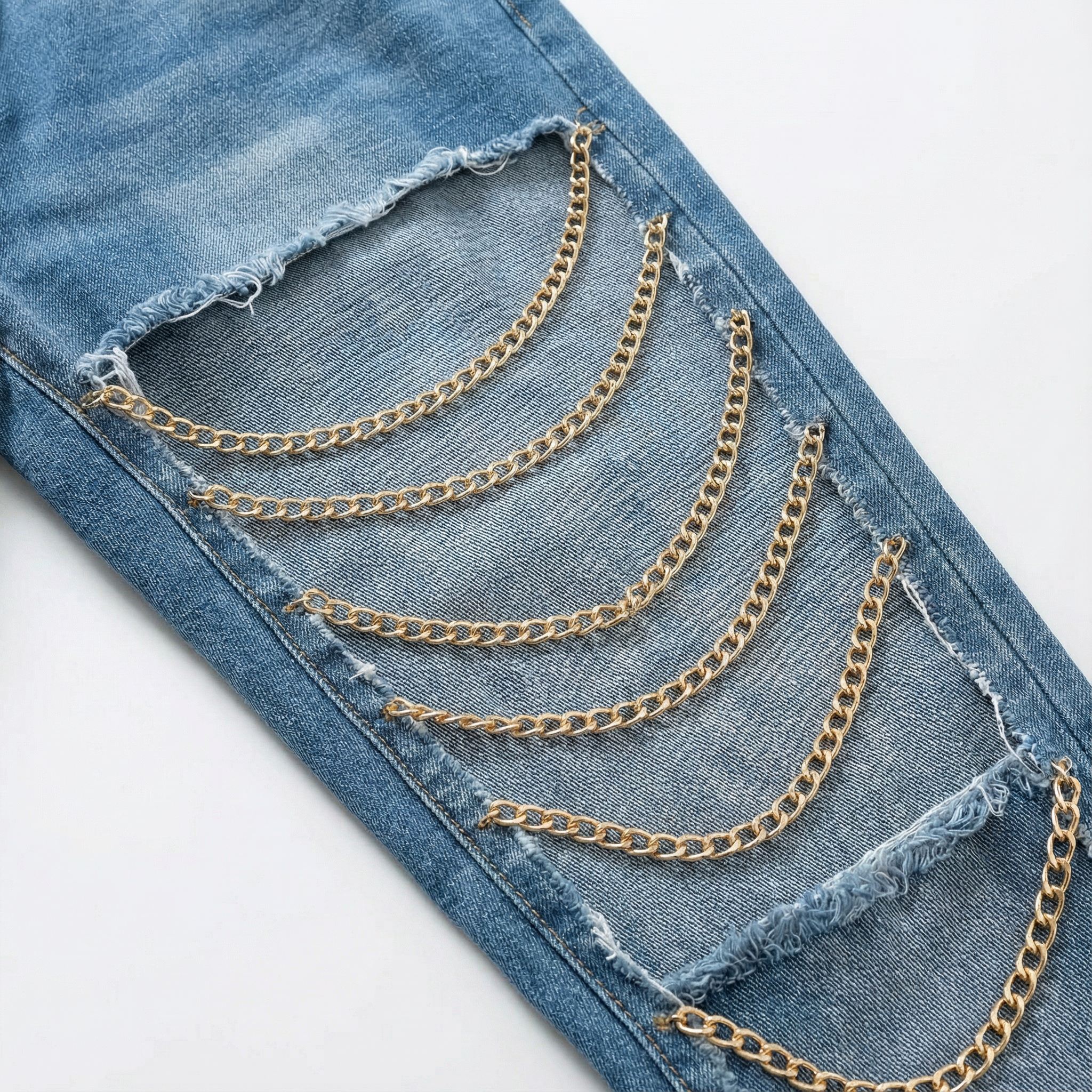 Women’s Distressed Jeans – Mid-Rise Waist, Chain Detail