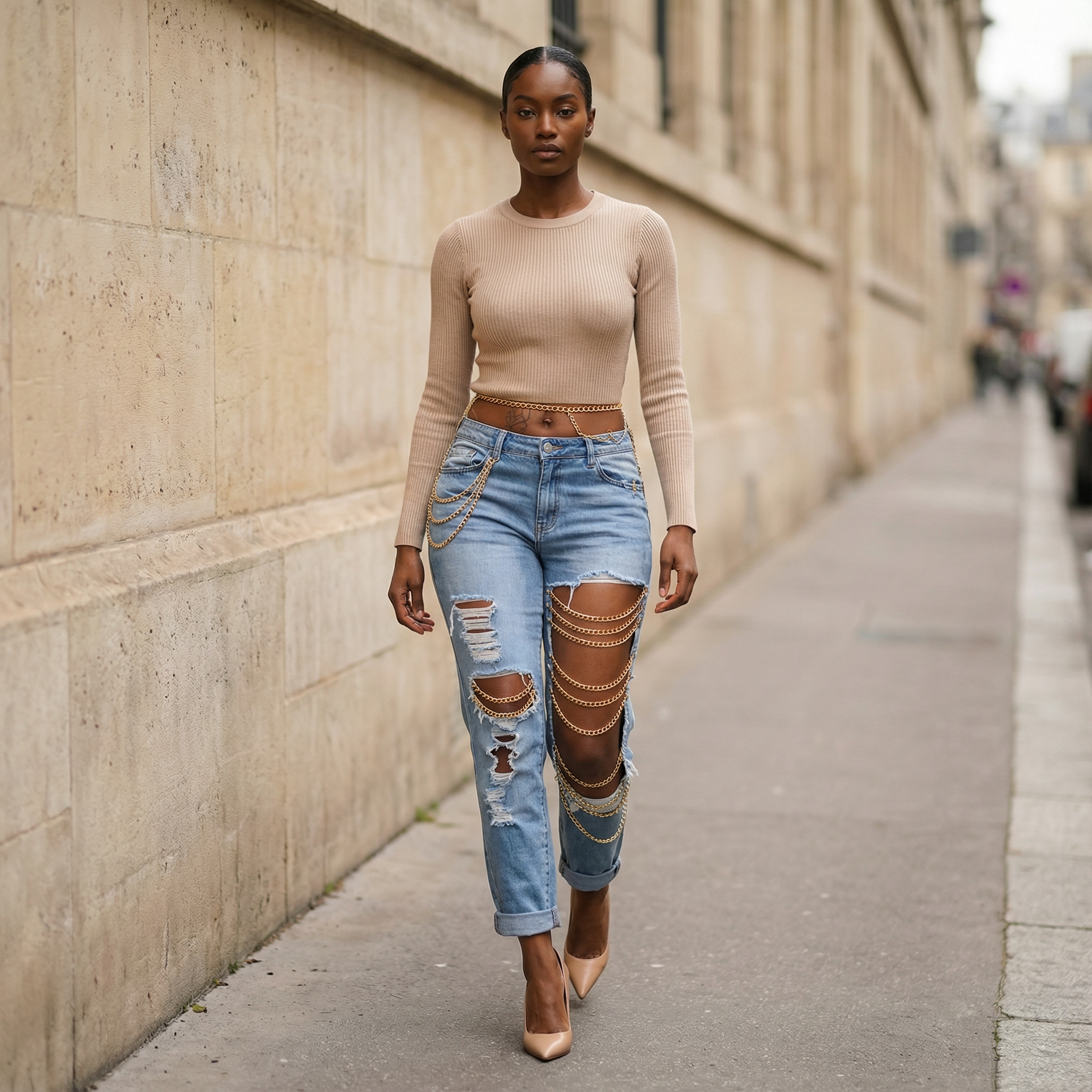 Women’s Distressed Jeans – Mid-Rise Waist, Chain Detail