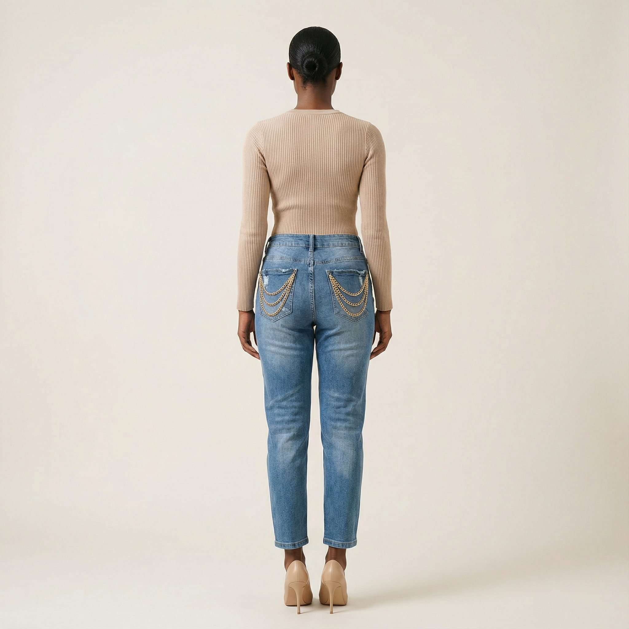 Women’s Distressed Jeans – Mid-Rise Waist, Chain Detail