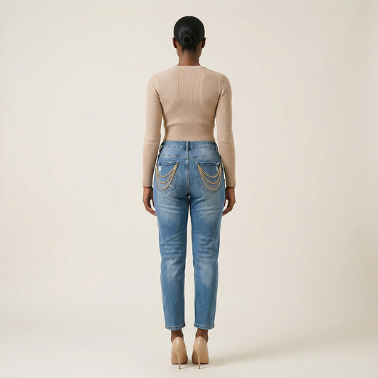 Women’s Distressed Jeans – Mid-Rise Waist, Chain Detail