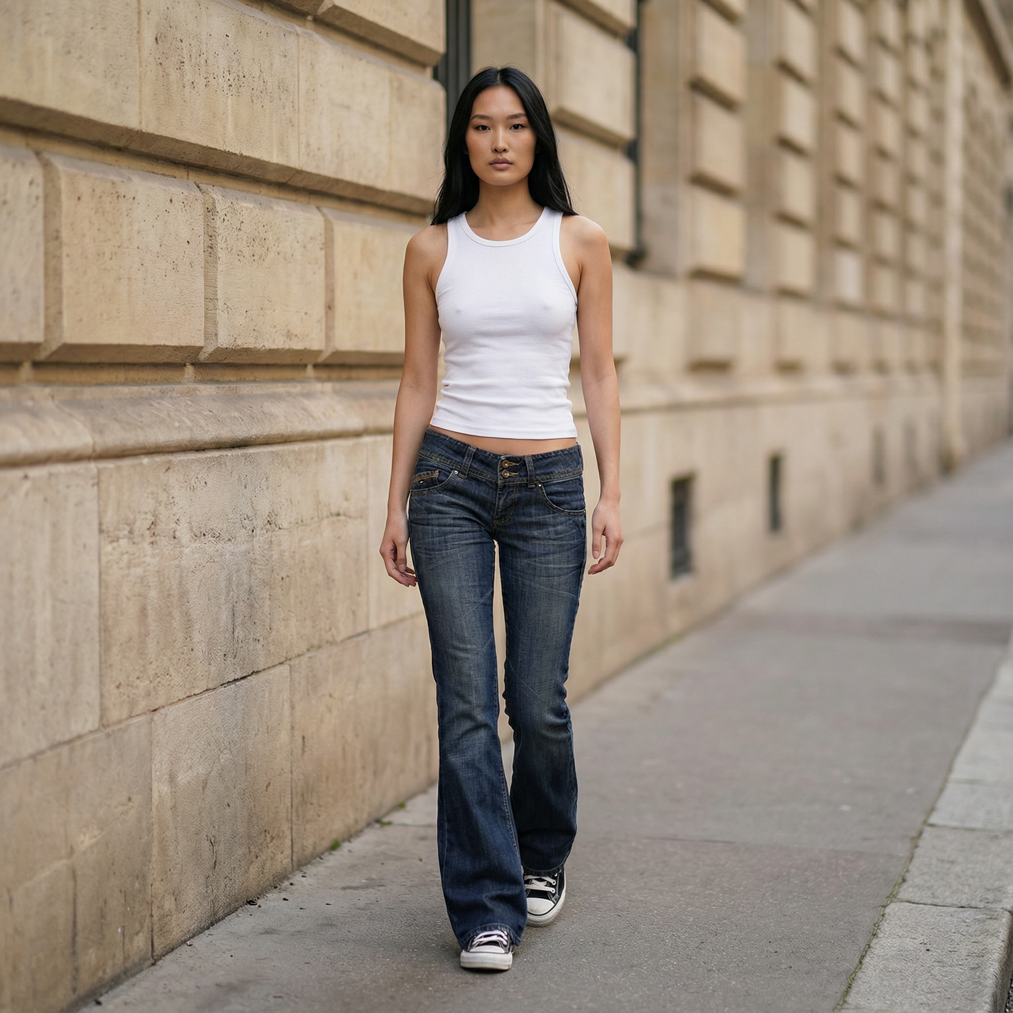 Women’s Flared Jeans – Low-Rise Waist, Button Closure