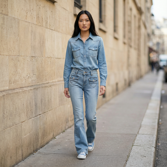 Women’s Low-Rise Pants – Flared Leg, Button Closure