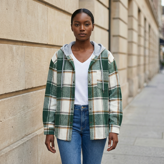 Women’s Plaid Hooded Jacket – Open Front