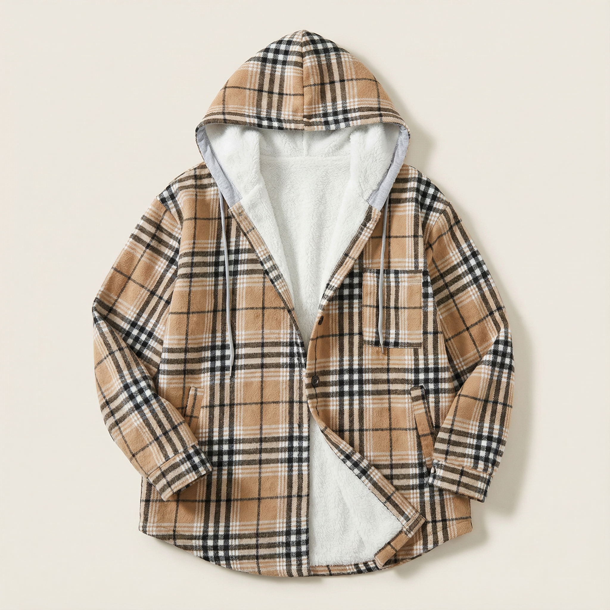 Women’s Plaid Hooded Jacket – Open Front