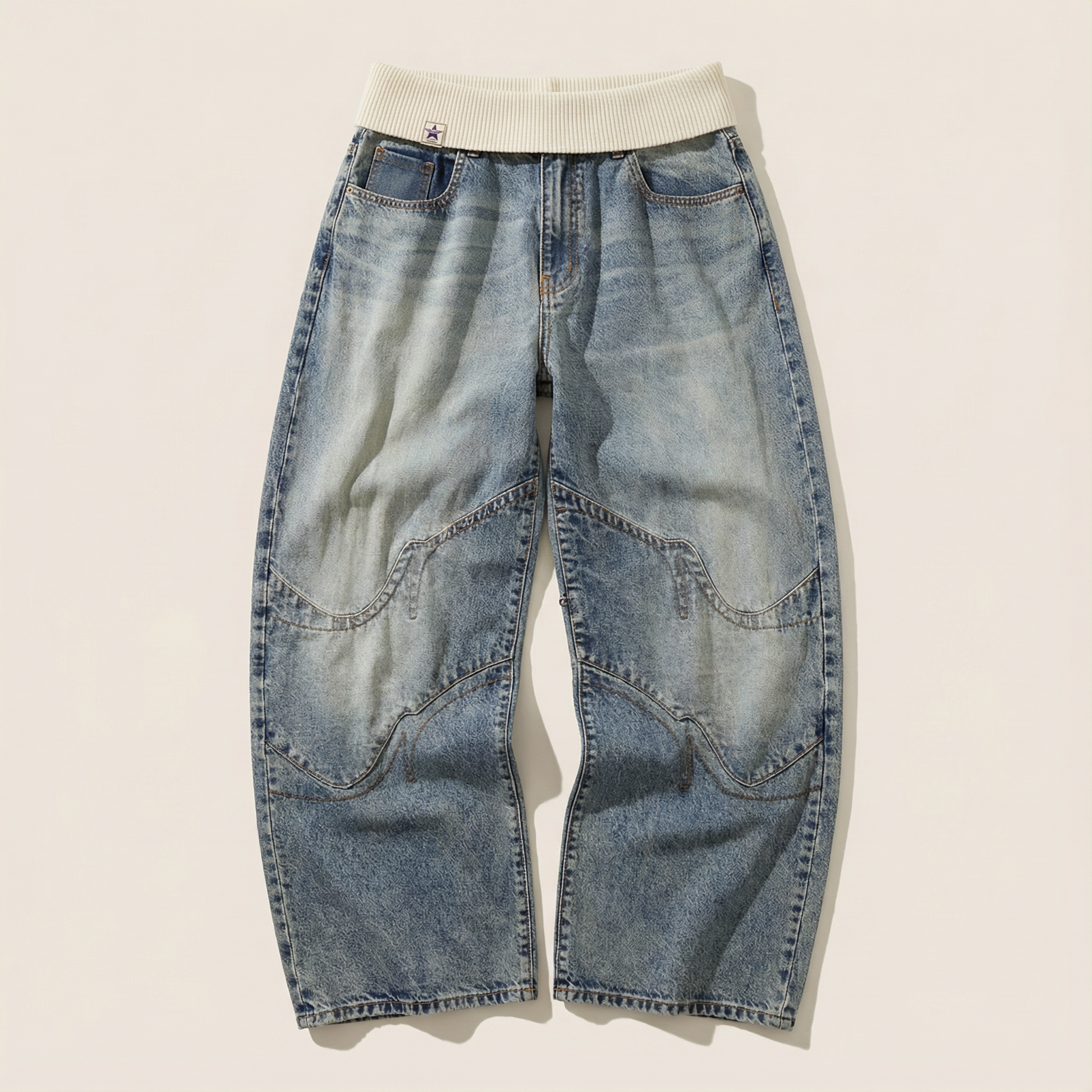 Women’s Wide-Leg Jeans – Elastic Waistband, Panel Stitching