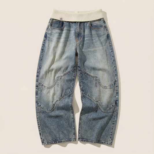 Women’s Wide-Leg Jeans – Elastic Waistband, Panel Stitching