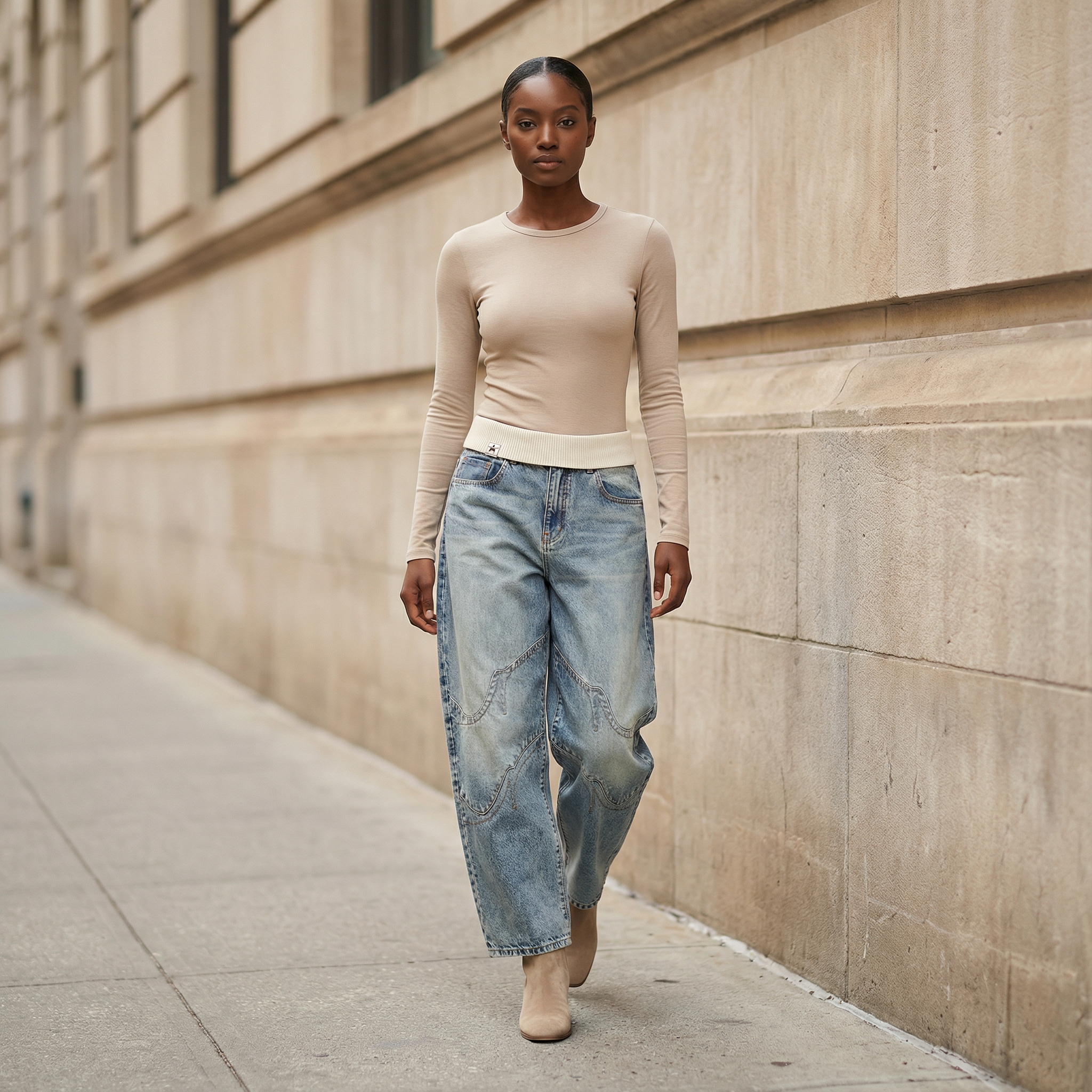 Women’s Wide-Leg Jeans – Elastic Waistband, Panel Stitching