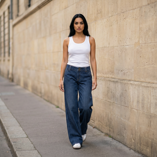 Women’s Wide-Leg Jeans – Low-Rise Waist, Pinstripe Pattern