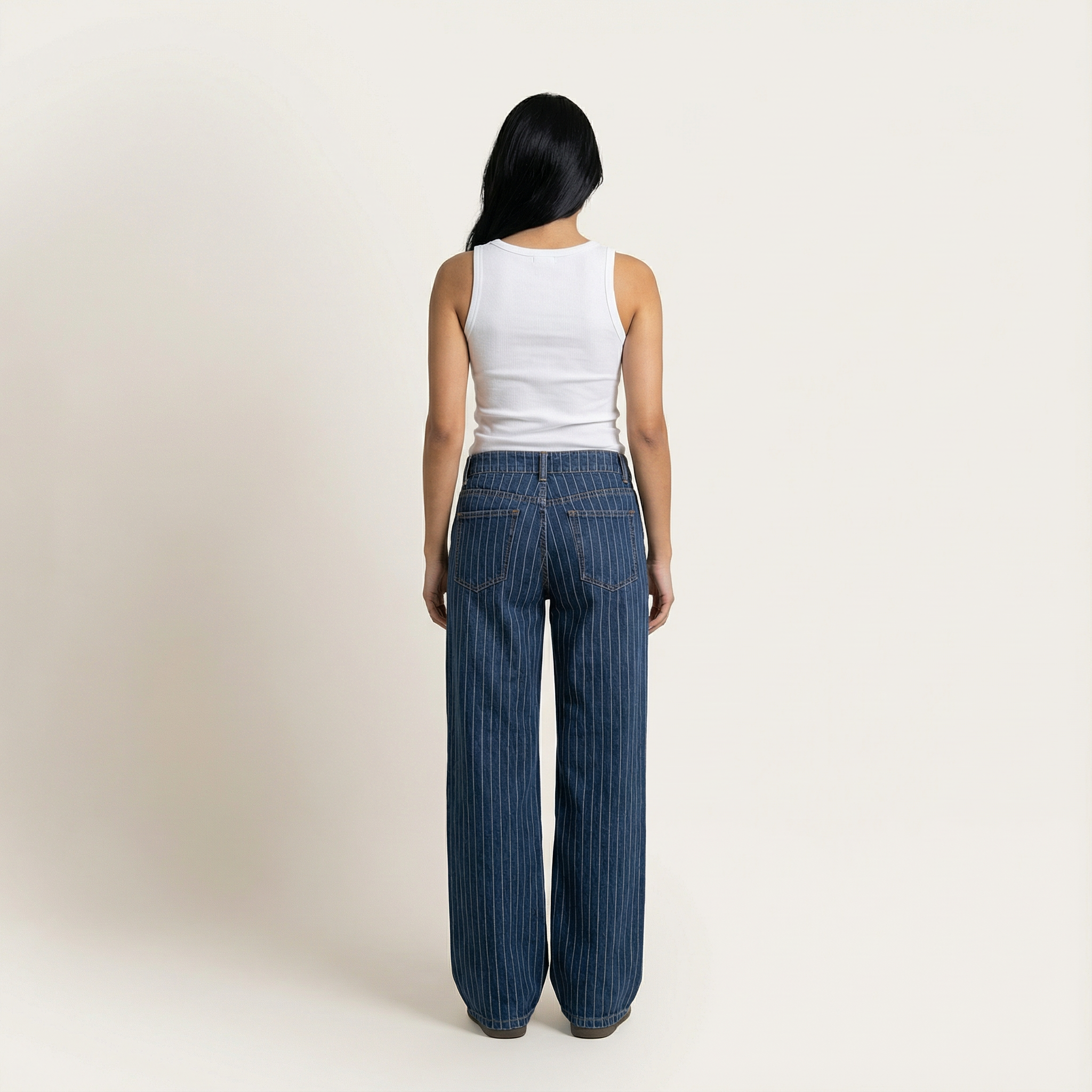 Women’s Wide-Leg Jeans – Low-Rise Waist, Pinstripe Pattern